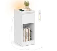 VASAGLE Mesita de Noche Estrecha, Mesa Auxiliar, con Iluminación LED, 1 Puerto USB-A, 1 Puerto USB-C, Cajón y Compartimento, Dormitorio, Salón, Blanco Nube LET610W01