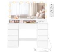 VASAGLE Kailyn Colección - Tocador con 3 Espejos Plegables, 11 Bombillas, Regleta, 9 Cajones, 3 Colores de Luz, Mesa de Maquillaje, Instalación de Rieles sin Herramientas, Blanco Nube RDT146WB01
