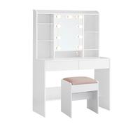 VASAGLE Kailyn Colección - Tocador con 9 Luces LED y Taburete, 3 Tonos y Brillo Ajustable, Mesa de Maquillaje con Espejo, Estantes Ajustables, 2 Cajones, Blanco Nube RDT726W01