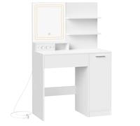 VASAGLE Kailyn Colección - Tocador con Espejo LED, con Regleta de Enchufes, Gabinete con 2 Estantes Ajustables, 1 Cajón, 2 Estantes Abiertos, Estilo Moderno, Blanco, Regalo de Navidad Blanco