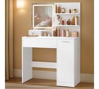VASAGLE Kailyn Colección - Tocador con Espejo LED, con Regleta de Enchufes, Gabinete con 2 Estantes Ajustables, 1 Cajón, 2 Estantes Abiertos, Estilo Moderno, Blanco RDT138W01