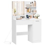 VASAGLE Kailyn Colección - Tocador con Espejo LED, con Regleta de Enchufes, Gabinete con 2 Estantes Ajustables, 1 Cajón, 2 Estantes Abiertos, Estilo Moderno, Blanco RDT138W01