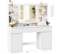 VASAGLE Kailyn Colección - Tocador con Espejo LED, Regleta, 2 Armarios, 9 Bombillas Regulables, Iluminación de 3 Colores, Montaje sin Herramientas, Blanco Nube RDT142WB02