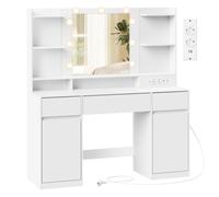 VASAGLE KAILYN Colección - Tocador con Espejo LED, Regleta, 2 Armarios, 9 bombillas regulables, Iluminación de 3 Colores, Montaje sin Herramientas, Blanco Nube Blanco