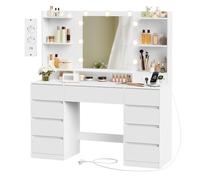 VASAGLE Kailyn Colección - Tocador con Espejo LED, Regleta, 9 Cajones, 9 Bombillas Regulables, Iluminación de 3 Colores, Montaje sin Herramientas, Blanco Nube RDT141WB02