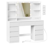 VASAGLE KAILYN Colección - Tocador con Espejo LED, Regleta, 9 Cajones, 9 bombillas regulables, Iluminación de 3 Colores, Montaje sin Herramientas, Blanco Nube Blanco
