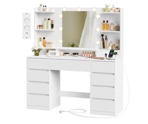 VASAGLE Kailyn Colección - Tocador con Espejo LED, Regleta, 9 Cajones, 9 Bombillas Regulables, Iluminación de 3 Colores, Montaje sin Herramientas, Blanco Nube RDT141WB02