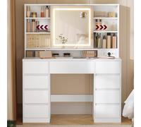 VASAGLE Kailyn Colección - Tocador con Espejo LED, Regleta, 9 Cajones, Lupa de 10x, Iluminación de 3 Colores, Montaje sin Herramientas, Blanco Nube RDT137W01