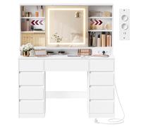 VASAGLE Kailyn Colección - Tocador con Espejo LED, Regleta, 9 Cajones, Lupa de 10x, Iluminación de 3 Colores, Montaje sin Herramientas, Blanco Nube RDT137W01