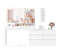VASAGLE Kailyn Colección - Tocador con Espejo LED y Regleta, 9 Bombillas, 8 Cajones, 3 Estantes, Iluminación de 3 Colores, Modular en Línea o en L, Mesa de Maquillaje, Blanco Nube RDT140WB01