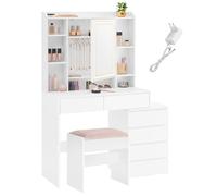 VASAGLE Kailyn Colección - Tocador con Iluminación LED, 3 Colores de Luz Ajustables, con Espejo, Cajones, Compartimentos Abiertos, Taburete, Estantes Ajustables, Moderno, Blanco Nube RDT125W01