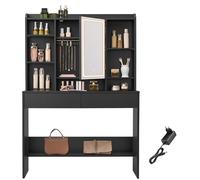 VASAGLE KAILYN Colección - Tocador con Luces LED de 3 Colores con Brillo Ajustable, Mesa de Maquillaje con Espejo, Estantes Ajustables, 2 Cajones, Estilo Moderno, Negro Tinta RDT123B01