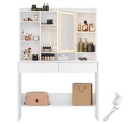 VASAGLE Kailyn Colección - Tocador con Luces LED de 3 Colores con Brillo Ajustable, Mesa de Maquillaje con Espejo, Estantes Ajustables, 2 Cajones, Estilo Moderno, Blanco RDT123T14