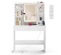 VASAGLE Kailyn Colección - Tocador con Luces LED de 3 Colores con Brillo Ajustable, Regleta, Mesa de Maquillaje con Espejo, Estantes Ajustables, 2 Cajones, Estilo Moderno, Blanco RDT143WB01