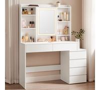 VASAGLE Kailyn Colección - Tocador con Luces LED de Brillo Ajustable, Mesa de Maquillaje con Espejo, 40 x 117,5 x 145 cm, Compartimentos Abiertos, Estantes Ajustable, Blanco Nube RDT624W01