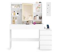 VASAGLE Kailyn Colección - Tocador con Luces LED de Brillo Ajustable, Regleta, Mesa de Maquillaje con Espejo, 40 x 124,7 x 145 cm, Compartimentos Abiertos, Estantes Ajustable, Blanco Nube RDT644WB01