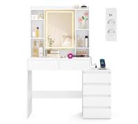 VASAGLE Kailyn Colección - Tocador con Luces LED de Brillo Ajustable, Regleta, Mesa de Maquillaje con Espejo, 40 x 105 x 145 cm, Compartimentos Abiertos, Estantes Ajustable, Blanco Nube RDT144WB01