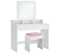 VASAGLE KAILYN Colección - Tocador con Taburete, Luces LED con Brillo Ajustable, Mesa de Maquillaje con Espejo, 2 Cajones y 3 Compartimentos, Moderno, Blanco RDT714W01