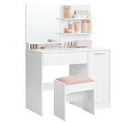 VASAGLE Kailyn Colección - Tocador con Taburete, Mesa de Maquillaje, Gabinete con 2 Estantes Ajustables, 1 Cajón, 2 Estantes Abiertos, Estilo Moderno, Blanco RDT719W01