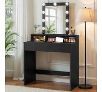 VASAGLE Kailyn Colección - Tocador, Luces LED, Iluminación Regulable en 3 Colores, Mesa de Maquillaje con Espejo, 2 Cajones y 3 Compartimentos, Moderno, Negro RDT114T16