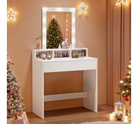 VASAGLE Kailyn Colección - Tocador, Luces LED, Iluminación Regulable en 3 Colores, Mesa de Maquillaje con Espejo, 2 Cajones y 3 Compartimentos, Moderno, Blanco RDT114W01
