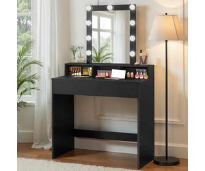 VASAGLE Kailyn Colección - Tocador, Luces LED, Iluminación Regulable en 3 Colores, Mesa de Maquillaje con Espejo, 2 Cajones y 3 Compartimentos, Moderno, Negro RDT114T16