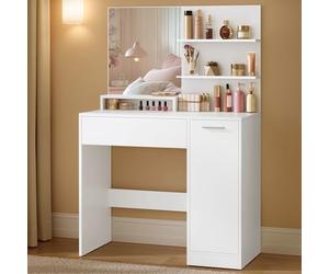 VASAGLE Kailyn Colección - Tocador, Mesa de Maquillaje, Gabinete con 2 Estantes Ajustables, 1 Cajón, 2 Estantes Abiertos, Estilo Moderno, Blanco RDT119W01