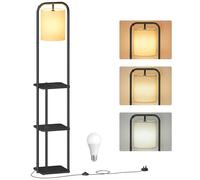 VASAGLE Lámpara de Pie con 3 Estantes, Lámpara de Pie, Lámpara de Salón, Incluye Bombilla LED, con Interruptor de Pie, Pantalla de Tela, para Salón y Dormitorio, Negro Tinta LFL001BD02