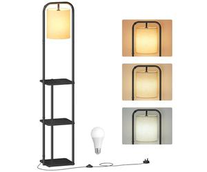 VASAGLE Lámpara de Pie con 3 Estantes, Lámpara de Pie, Lámpara de Salón, Incluye Bombilla LED, con Interruptor de Pie, Pantalla de Tela, para Salón y Dormitorio, Negro Tinta LFL001BD02