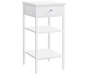 VASAGLE LET502B14 - Mesa Auxiliar con 1 cajón y 2 estantes de Almacenamiento, una estantería Ajustable, Patas Ajustables, Ahorro de Espacio, Color Blanco