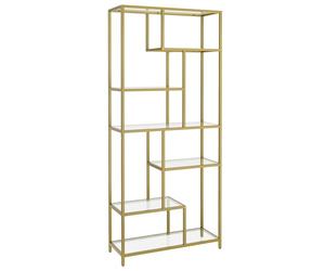 VASAGLE Librería, Estantería para Libros de 6 Niveles, Estantería Vertical para Plantas, 30 x 80 x 180 cm, Vidrio Templado, para Estudio, Salón, Dormitorio, Cocina, Dorado Metálico LGT502A01