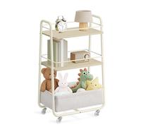 VASAGLE LILEA Colección - Carro de Almacenamiento con Cesta de Tela, Carrito de 3 Niveles con Ruedas, Organizador para Salón, Dormitorio y Cocina, Beige Natural y Blanco Crema LRC001LL02