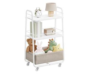 VASAGLE LILEA Colección - Carro de Almacenamiento con Cesta de Tela, Carrito de 3 Niveles con Ruedas, Organizador para Salón, Dormitorio y Cocina, Blanco Nube y Marrón Camello LRC001WB01