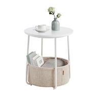 VASAGLE LILEA Coleción - Mesa Auxiliar, Mesa Lateral Redonda con Cesta de Tela, Espaciosa, para Salón, Dormitorio, Mesita de Noche, Estilo Moderno, Blanco Mate y Marrón Camello LET223W10