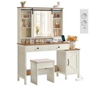 VASAGLE LIRY Colección - Tocador con Espejo y Luz, Mesa de Maquillaje de Granja con Taburete, Estación de Carga, 2 Cajones, Organizador Joyas, Blanco Rústico y Marrón Miel RDT136W01