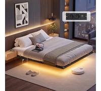 VASAGLE Marco de Cama 140 x 200 cm, Luces LED, Estación de Carga Extraíble | 2 Tomas CA, Puerto USB 2 1C, Soporta hasta 500 kg, Colección CONNER RMB174B101