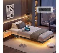 VASAGLE Marco de Cama 90 x 190 cm, Luces LED, Estación de Carga Extraíble | 2 Tomas CA, Puerto USB 2 1C, Soporta hasta 250 kg, Colección CONNER RMB171B101