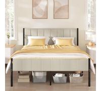 VASAGLE Marco de Cama Doble, 160 x 200 cm, con Cabecero Tapizado, de Metal, 500 kg de Capacidad de Peso, Fácil Montaje, Beige RMB975LH01V1