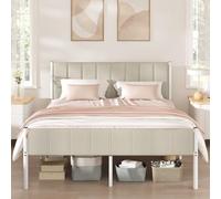 VASAGLE Marco de Cama Doble, 160 x 200 cm, con Cabecero Tapizado, de Metal, 500 kg de Capacidad de Peso, Fácil Montaje, Beige Capuchino RMB975LH01