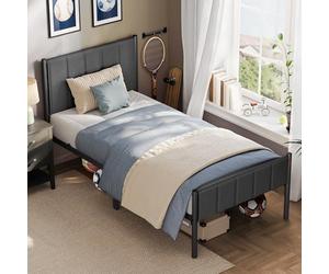 VASAGLE Marco de Cama Individual, 90 x 190 cm, con Cabecero Tapizado | Marco de Cama, de Metal, 250 kg de Capacidad de Peso, Fácil Montaje, Gris Pizarra, Colección DUPON RMB971G02