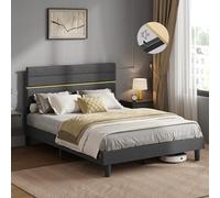 VASAGLE Marco de Cama Matrimonial, Marco para Colchón de 135 x 190 cm, Cabecero Acolchado Ajustable, Metal y Madera, Estilo Moderno, Gris Pizarra RMB506GN01
