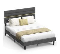 VASAGLE Marco de Cama Matrimonial, Marco para Colchón de 140 x 200 cm, Cabecero Acolchado Ajustable, Metal y Madera, Estilo Moderno, Gris Pizarra RMB504G01