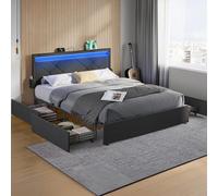 VASAGLE Marco de Cama Matrimonio, 140 x 200 cm, 4 Cajones, Metal, LED | Base con Listones, Estación de Carga, Cabecero Acolchado Ajustable, Gris Pizarra, Colección MAZEY RMB827G02