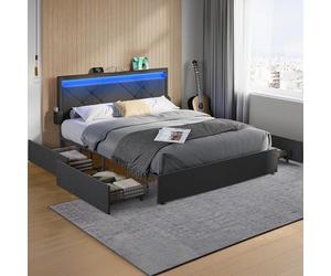 VASAGLE Marco de Cama Matrimonio, Base con Listones, 140 x 200 cm, LED, Metal, 4 Cajones, Estación de Carga, Cabecero Acolchado Ajustable, Gris Pizarra RMB827G02