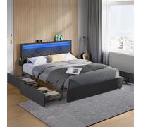 VASAGLE Marco de Cama Matrimonio, Base con Listones, 160 x 200 cm, LED, Metal, 4 Cajones, Estación de Carga, Cabecero Acolchado Ajustable, Gris Pizarra RMB828G02