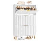 VASAGLE MAXE Colección - Armario Zapatero con 3 Cajones Abatibles, Zapatero Estrecho Independiente, Recibidor, Puertas Acanaladas, 18-24 Pares, Moderno de Mediados de Siglo, Blanco Nube HSC302WB02