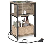 VASAGLE Mesa Auxiliar con Enchufe, 2 Tomas AC y 2 Puertos USB | Mesita de Noche, 30 x 34 x 58 cm, para Sala de Estar, Dormitorio, Marrón Camello y Negro, Colección BARNET LET375LB01