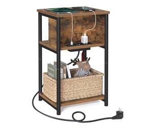 VASAGLE Mesa Auxiliar con Enchufe, 2 Tomas AC y 2 Puertos USB | Mesita de Noche, 34 x 30 x 58 cm, para Sala de Estar, Dormitorio, Marrón Rústico y Negro Mate, Colección BARNET LET375B01