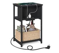 VASAGLE Mesa Auxiliar con Enchufe, Mesita de Noche con 2 Tomas AC y 2 Puertos USB, 30 x 34 x 58 cm, para Sala de Estar, Dormitorio, Negro LET375B02