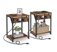 VASAGLE Mesa auxiliar con estación de carga, juego de 2, mesas auxiliares pequeñas para sala de estar, dormitorio, mesita de noche con tomas y puertos USB, mesita de noche con estante de